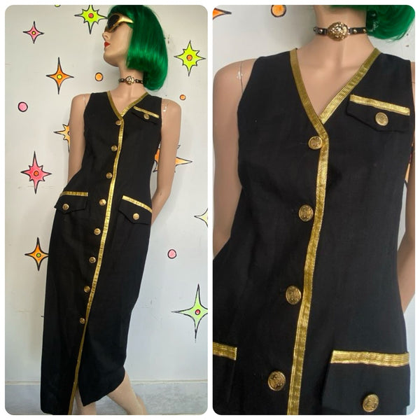 80s Vintage Versace Style Black & Gold Blazer Dress Office Siren Glam Midi - S