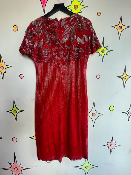 Vintage 80s Heavy Beaded Crimson Silk Party Dress Luxe Glam Old Money L
