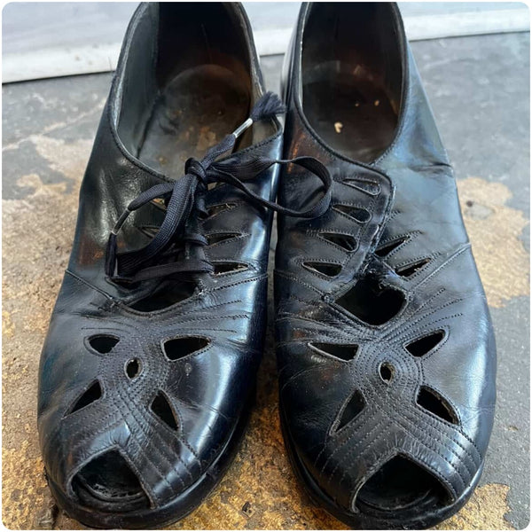 1930s Lace-Up Black Leather Peep Toe Pumps - Low Heel Cutout Design - Size 8