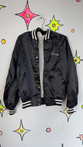 Vintage "Henry" Embroidered Black Grunge Bomber Jacket Nylon Trucker Style USA M
