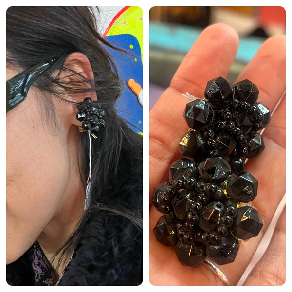 Vintage 50s 60s Witchy Goth Black Clip On Earrings Chunky Sparkly Crystals Beads