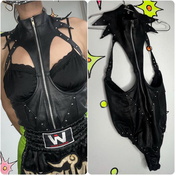 XTC Studded Leather Sexy Vampire Cutout Goth Dominatrix Harness Fetish Bodysuit