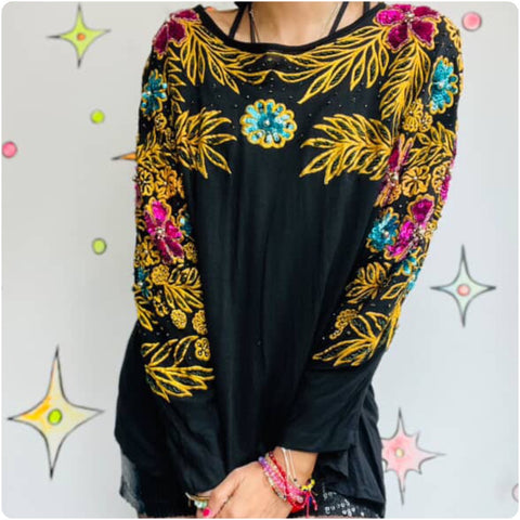 Vintage 80s | Embellished Whimsy Goth Black & Gold Queen Glam Blouse | Size M