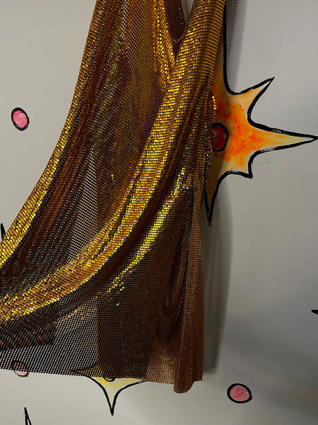 Glam Y2K Gold Disco Mesh Chainmail Mini Dress Fairy Grunge Clubwear NYE Party