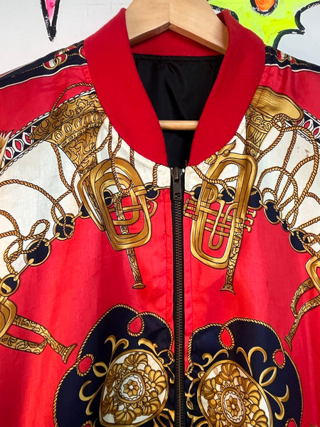 Vintage 80s Red Baroque Bomber Jacket Regal Scarf Print Statement Coat XL+