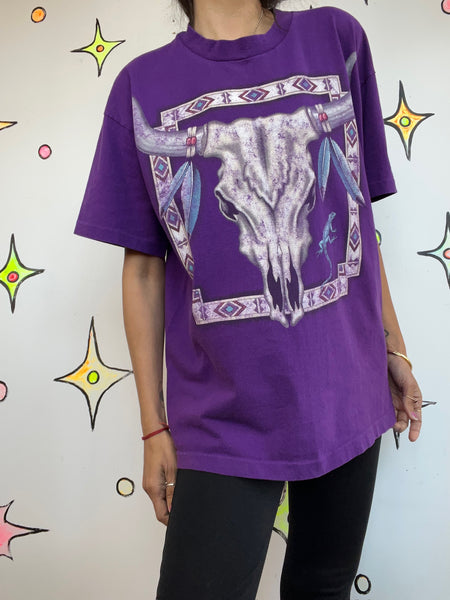 Vintage 90s Native American Dreamcatcher Skull Tee Purple Boho Grunge T Shirt L