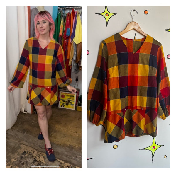 Vintage 60s | Groovy GoGo Mod Rainbow Patchwork Poet Sleeve Mini Dress | Size ML