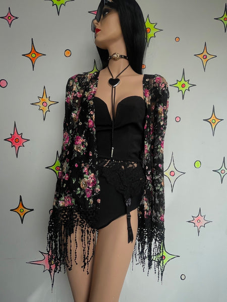 Y2K Black Lace Fringe Top | Whimsy Goth Boho Western Fairy Duster Blouse ML