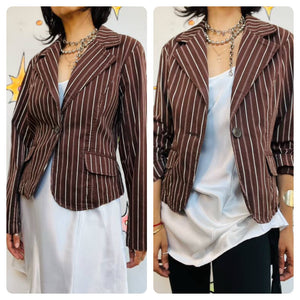Y2K Preppy Glam Brown Pinstripe Blazer – White & Pink Stripes Office Siren – XL