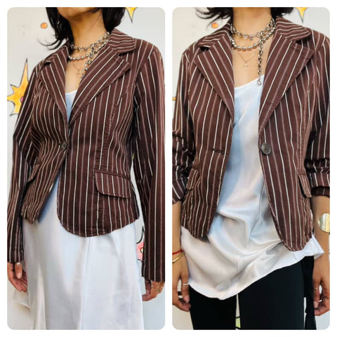 Y2K Preppy Glam Brown Pinstripe Blazer – White & Pink Stripes Office Siren – XL