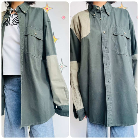 Vintage Military Green w Patches Grunge Utility Shirt or Jacket Outdoor | Size L
