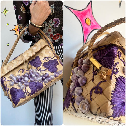Vintage 70s | Flowers Grapes Straw Basket Purse Woven Wicker Tote Boho Hand Bag