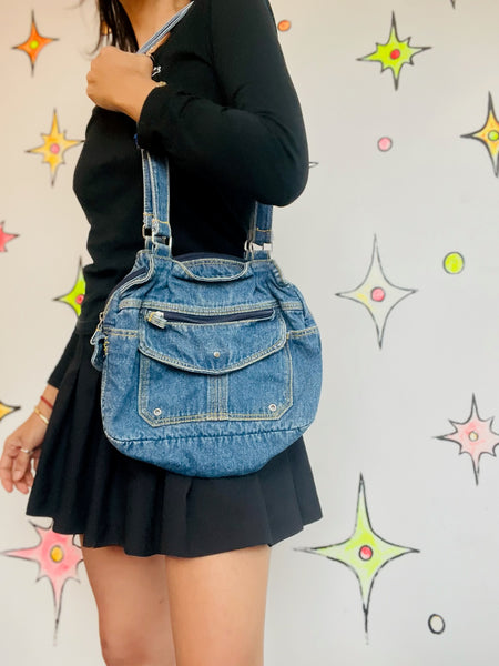Vintage 80s Blue Denim Multi-Pocket Crossbody Bag – Fairy Grunge Boho Purse