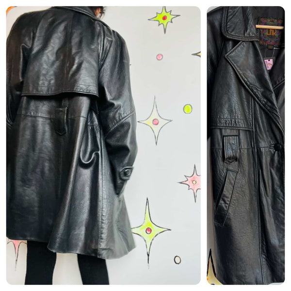 Vintage 80s 90s Black Leather Trench Coat | Goth Grunge Matrix Style | Small