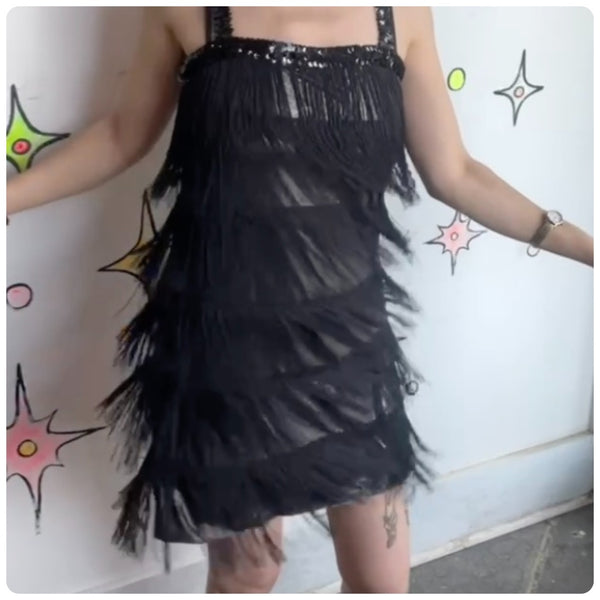 Silver & Black Sequin Fringe Flapper Dress Roaring 20s New Year's Disco Mini L