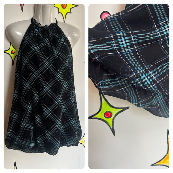 Vintage Y2K 2000s | Plaid Fairy Grunge Goth Emo Bubble Hem Halter Top or Dress M