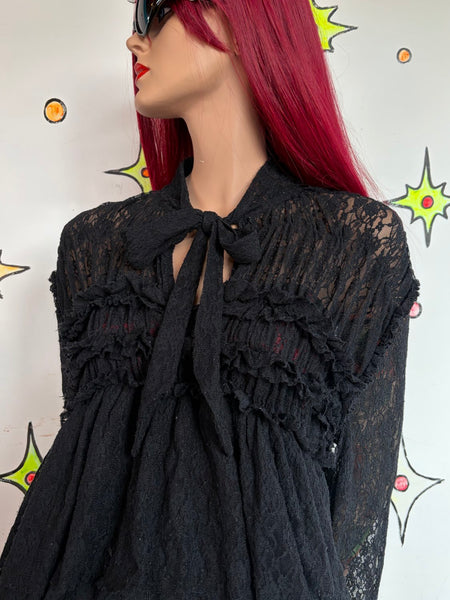 Romantic Y2K Dark Gothic Tiered Lace Blouse Bow Neck Vampire Siren Top XL
