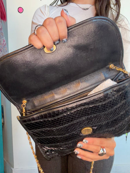 80s Glam Black Snakeskin Shoulder Bag Gold Chain Mob Wife Old Money Purse