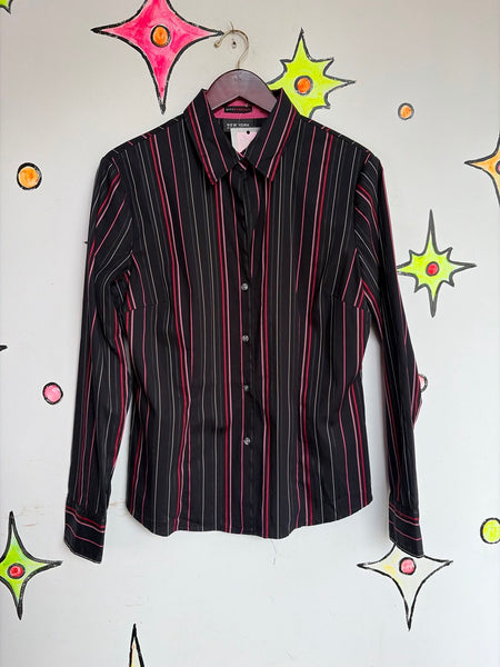 Y2K Mall Goth Pinstripe Shirt Black Red Office Siren Dark Academia Grunge Top L