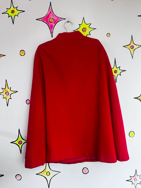 Vintage 60s Cherry Red Cape Coat | Heavy Warm Wool Feel Cloak | Mod Swing Cape