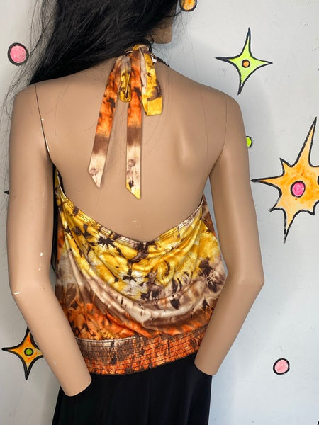 Y2K Earthtone Tie Dye Crochet Halter Top | Boho Fairy Grunge Stretch Tank – XL
