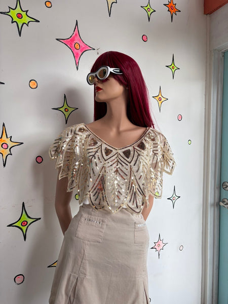 Vintage Gold Sequin Flapper Cape Art Deco Beaded Shrug Glam Festival Rave