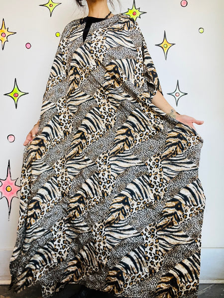 Vintage Y2K Boho Grunge Kaftan – Animal Print Mumu – Patchwork Festival Dress