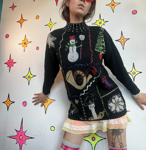 Vintage 80s Embellished Christmas Sweater Ugly Tacky Holiday X Mas Party M