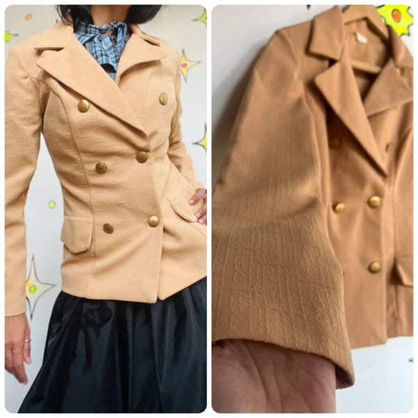 Vintage 70s Tan Polyester Blazer - Dagger Collar Retro Jacket - Size 8