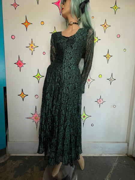 Vintage 90s Green Gauzy Lace Goth Dress Whimsy Goth Witchy Boho L