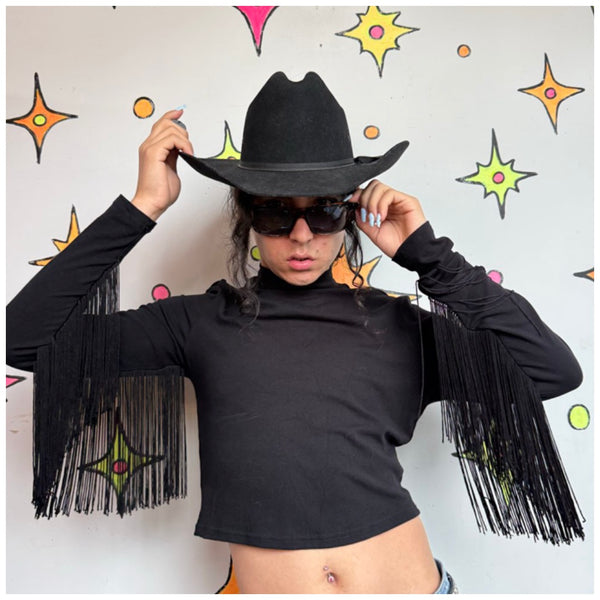 Cowboycore Black Cropped Turtleneck w/ Fringe Goth Western Glam S/M