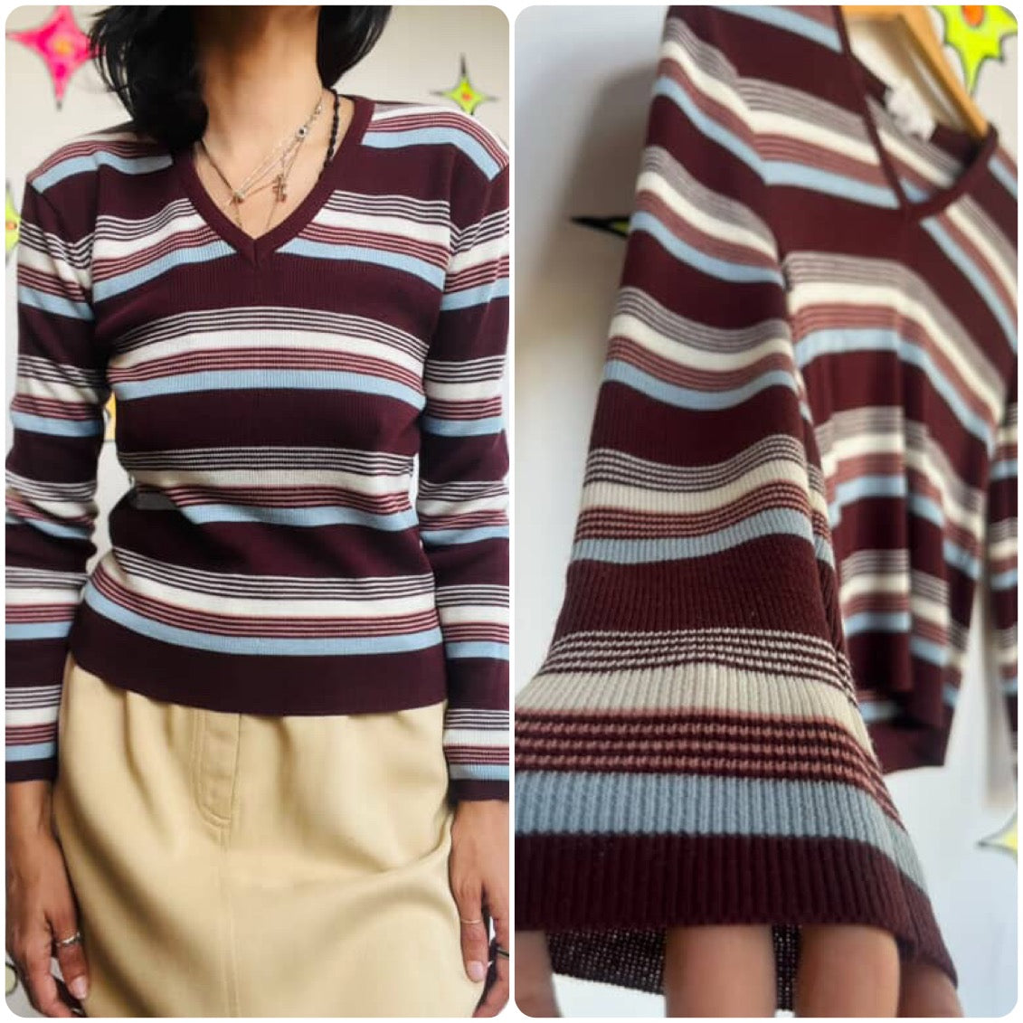 Vintage 70s Groovy Grunge Striped Pullover V-Neck Sweater Bobbie Brooks - S M