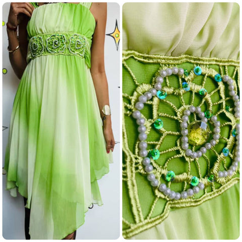 Y2K Pastel Green Fairy Boho Grunge Tinkerbell Princess Asymetric Mini Dress – S