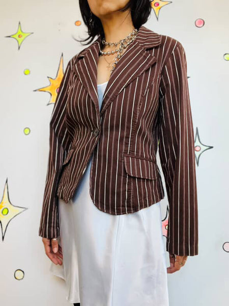 Y2K Preppy Glam Brown Pinstripe Blazer – White & Pink Stripes Office Siren – XL