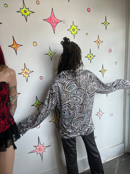 Vintage 90s Metallic Silver Irridescent Party Shirt - Rave Disco Clubwear M/L