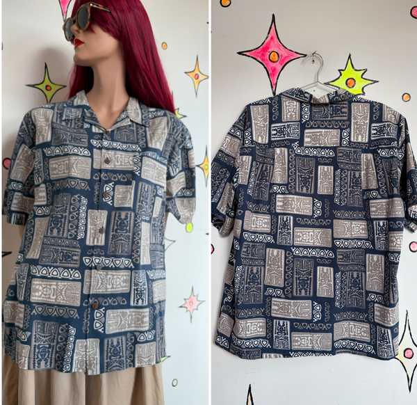 Blue & Khaki Hawaiian Souvenir Tiki Aloha Party Shirt Oversized Boxy Cotton M