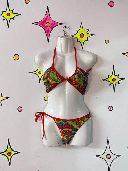 Vintage Retro 60s Style Groovy Rainbow MOD Psychedelic Bikini Swimsuit - Small