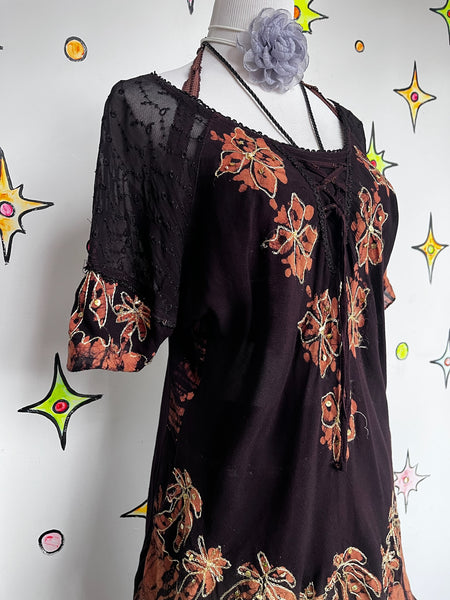 Y2K Piratecore Gauzy Cotton & Lace Mini Dress Embellished Boho Fairy Grunge L