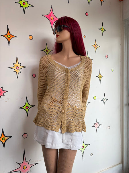 90s Prairie Beige Crochet Lace Cardigan Boho Western Whimsy Grunge | L