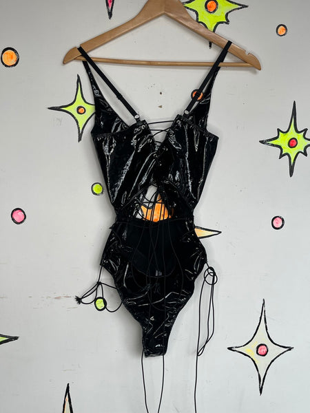 Glossy Black Vinyl Lace Up Teddy Vamp Goth Harness Bodysuit Wet Look S/M