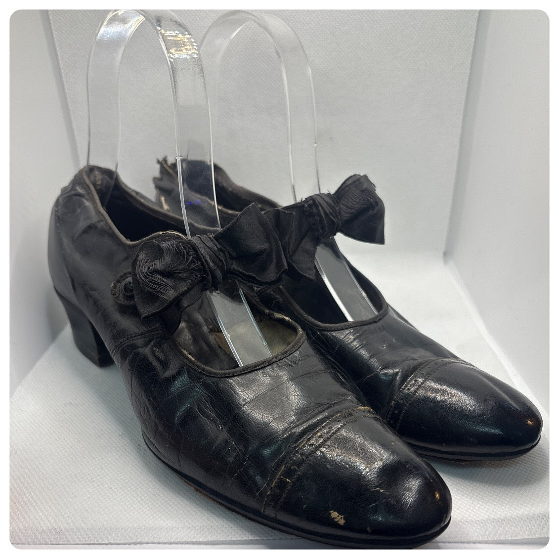 Antique 1910s 20s Black Leather Mary Jane Pumps w Silk Bows - Edwardian – Size 5