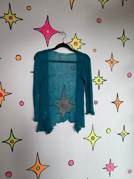 Y2K Teal Crochet Fairy Cardigan | Ethereal Whimsy Grunge Cyber Boho S