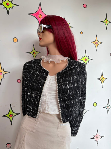 Y2K Tweed Cropped Blazer Black White Faux Pearl Trim Preppy Glam Coquette SM