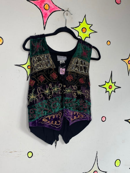 Vintage 90s Patchwork Velvet Vest Whimsigoth Speed Limit MPH Boho Goth M