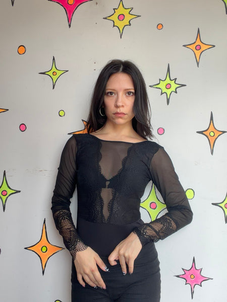 Vintage Sheer Black Lace Bodysuit Gothic Romantic Lingerie Goth Grunge S