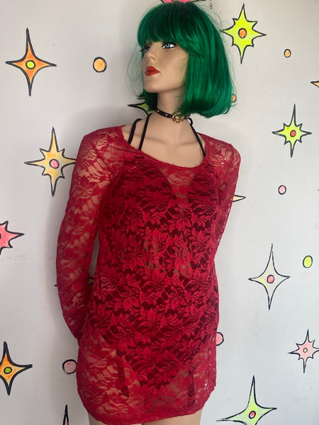 Red Lace Romantic Vampire Top Whimsigoth Sirencore Y2K Fitted Blouse M
