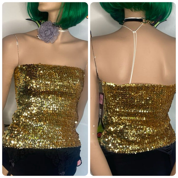 Vintage 70s 80s Y2K Metallic Gold Sequin Stretch Tube Top Disco Glam - One Size