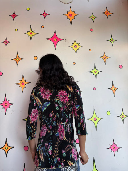 Vintage Black Floral Pleated Blouse 90s Whimsigoth Fairy Romantic Top S