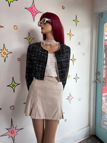 Y2K Tweed Cropped Blazer Black White Faux Pearl Trim Preppy Glam Coquette SM