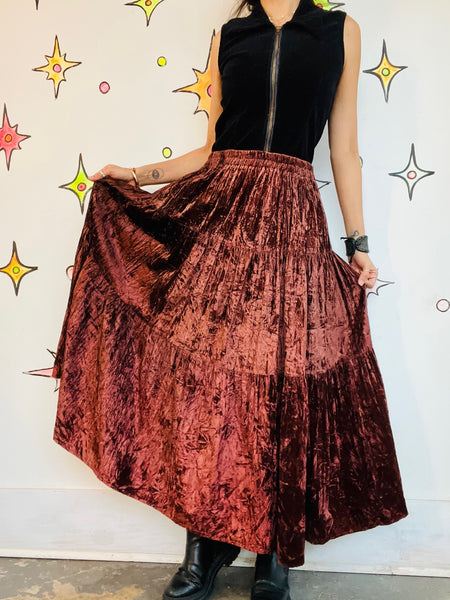 Vintage 90s Y2K Brown Crushed Velvet Boho Tier Maxi Skirt Fairy Grunge One Size